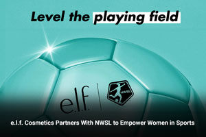 Teal soccer ball with "e.l.f." and NWSL logos, slogan "Level the playing field"; partnership announcement text beneath.