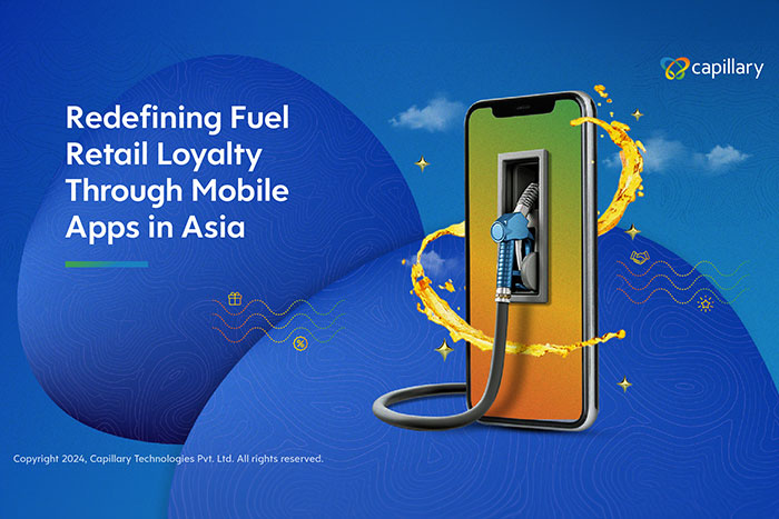 Mobile phone with a fuel nozzle on the screen, alongside the text: "Redefining Fuel Retail Loyalty Through Mobile Apps in Asia". Capillary logo in the corner.