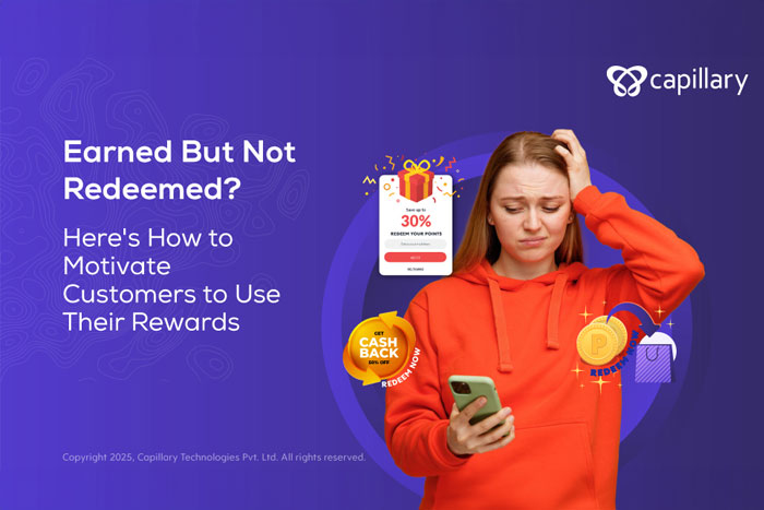 Image of a woman in an orange hoodie looking confused, holding a smartphone against a background highlighting rewards and cashback promotions. Capillary Technologies logo in the upper right corner. 