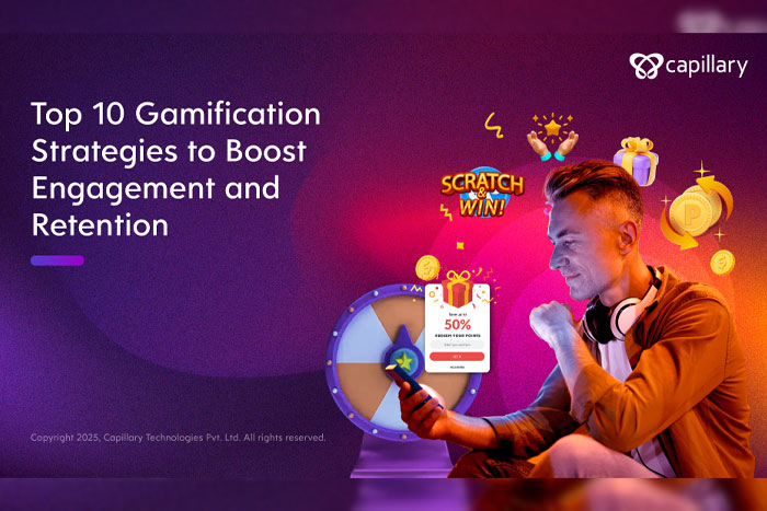 A young man with headphones looks at a smartphone surrounded by gamification graphics and text about engagement strategies.