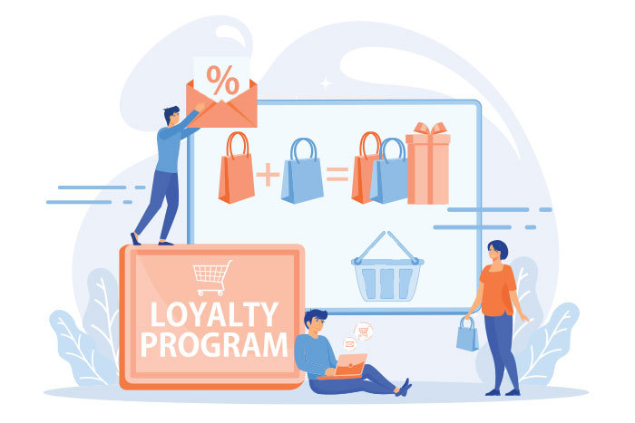 Illustration of a loyalty program with people, shopping bags, and rewards.